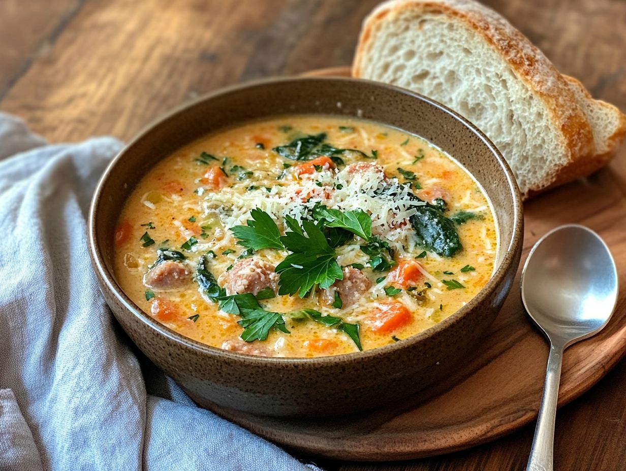 Ingredients for creamy parmesan Italian sausage soup laid out on a wooden surface.