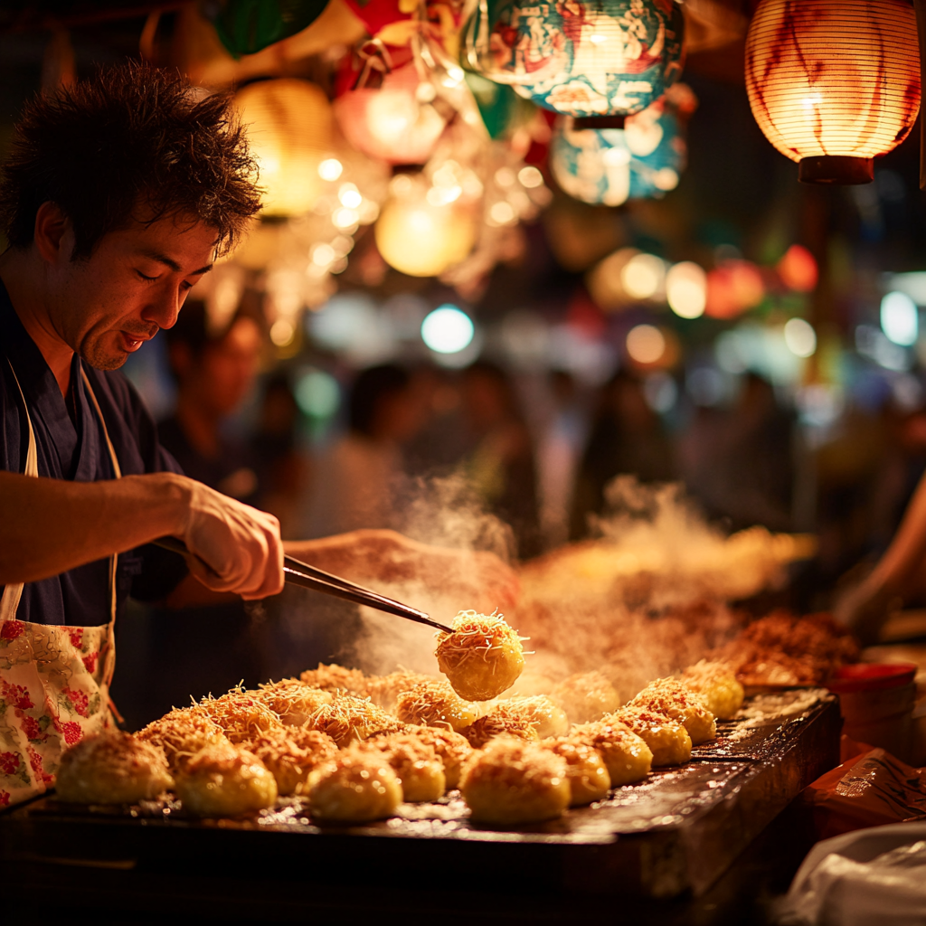 A vendor flipping takoyaki with a crowd enjoying the food.