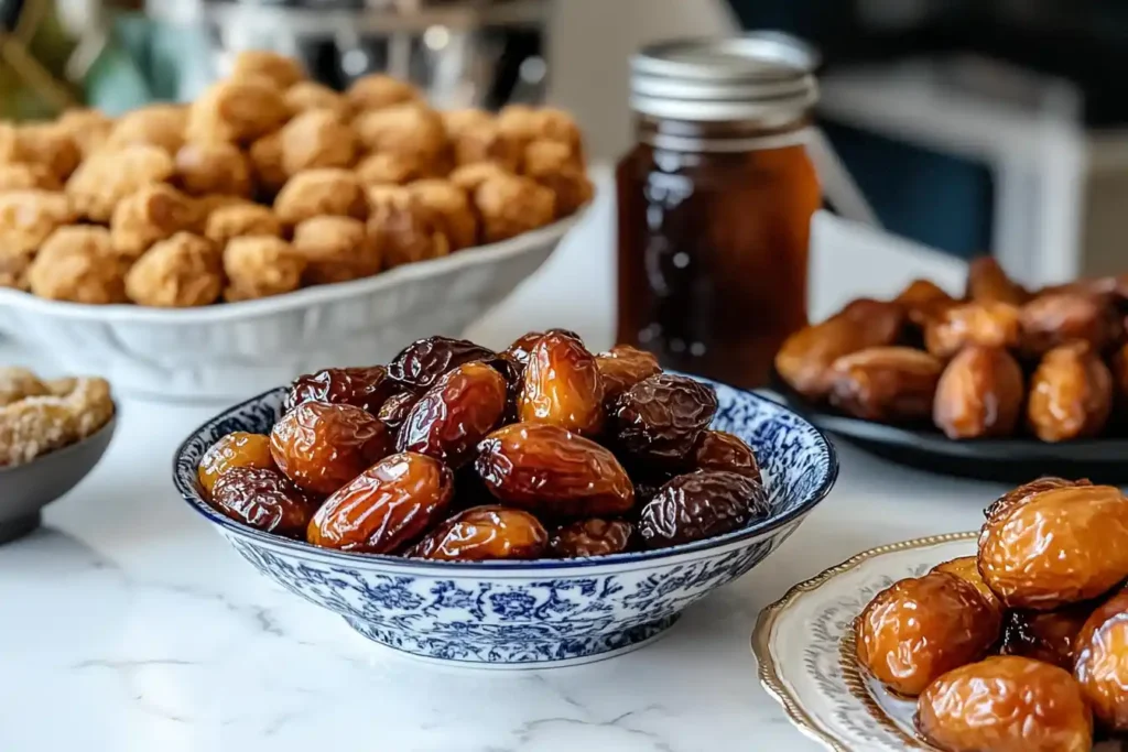 Variety of date palm dishes on white kitchen marble.