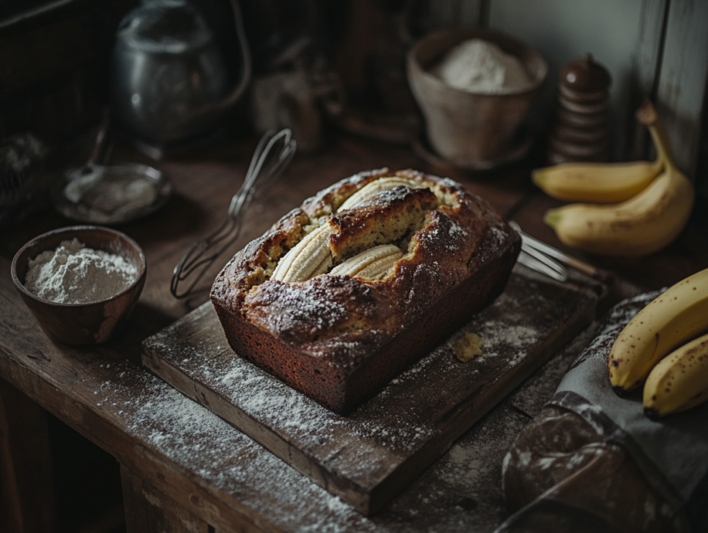 A freshly baked banana bread with a golden crust surrounded by bananas and baking tools.