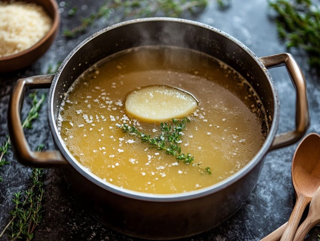 Simmering soup with Parmesan rind and fresh herbs
