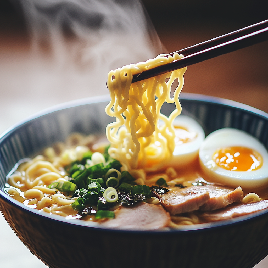 Steaming bowl of ramen with garnishes and chopsticks.