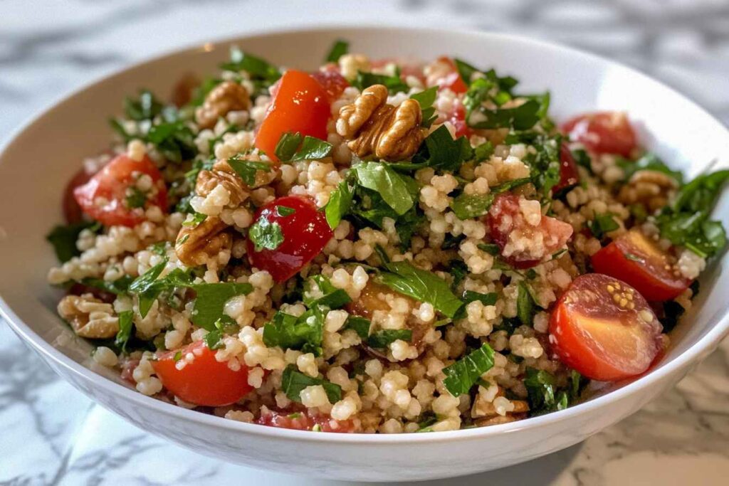 Bulgur cherry walnut salad in a white bowl, with visible ingredients.