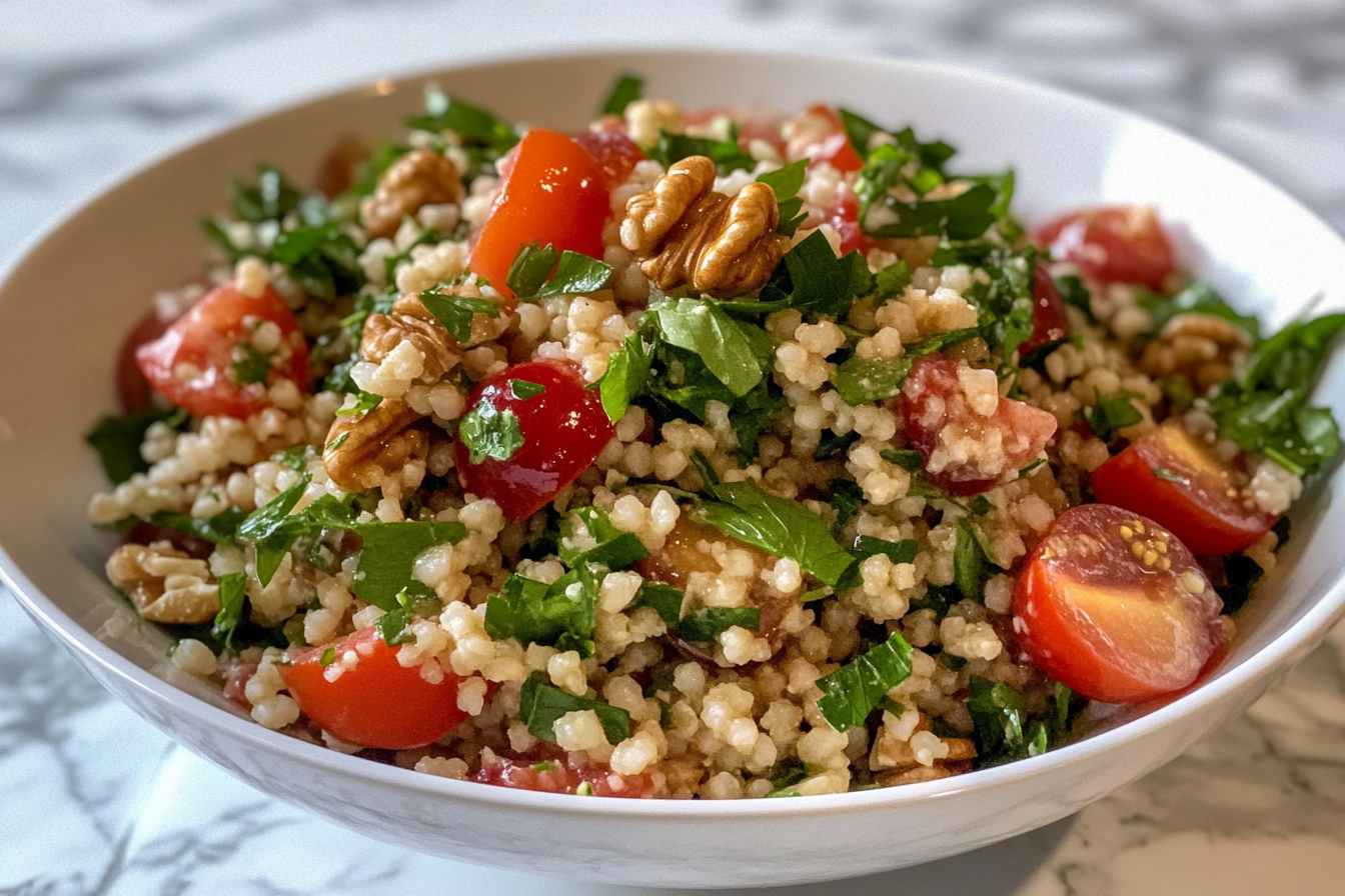 Bulgur cherry walnut salad in a white bowl, with visible ingredients.