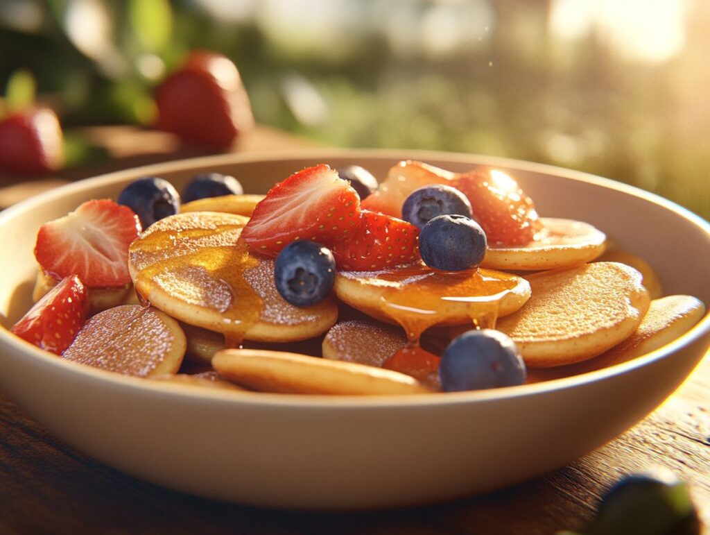 Mini pancake cereal served in a bowl with syrup drizzle and fresh berries.
