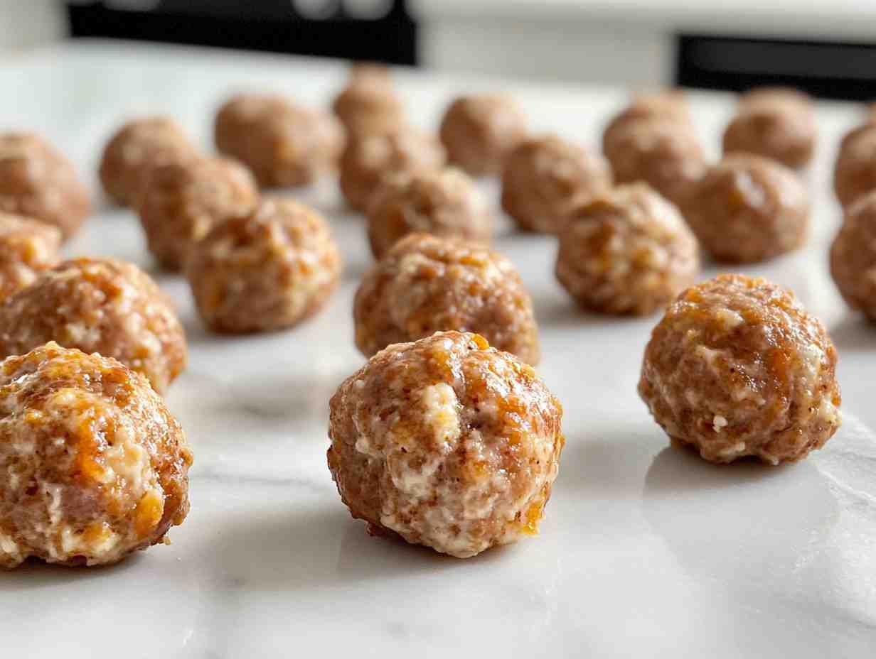 Close-up of delicious rotel cream cheese sausage balls on a white marble counter.