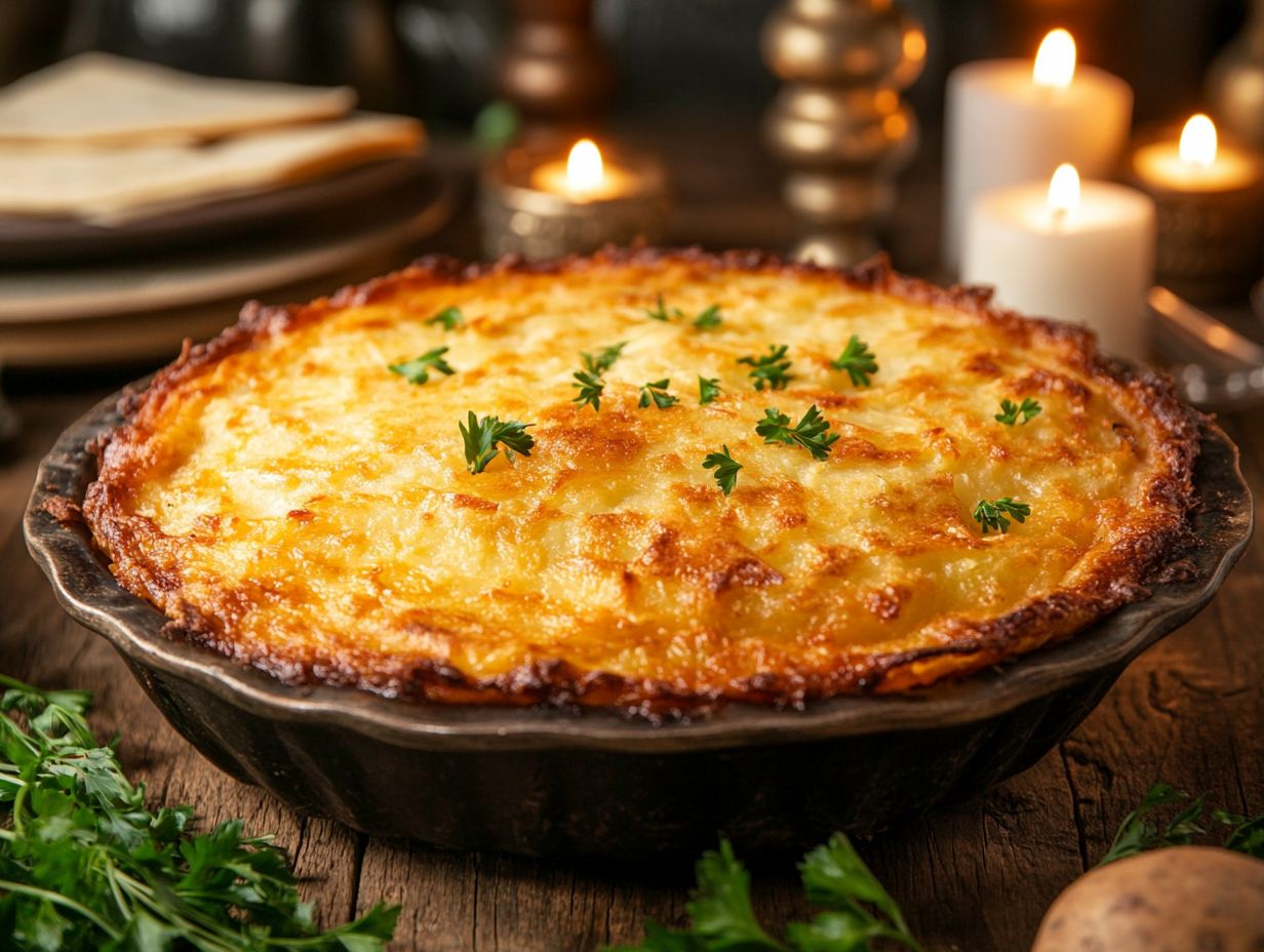 Golden-brown Passover Potato Pie garnished with parsley, served on a wooden table with festive Passover decorations.