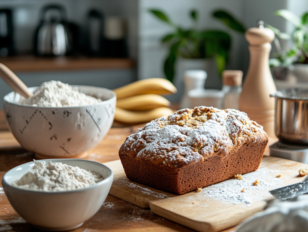 Baking soda, flour, and a flat loaf of banana bread on a kitchen counter.