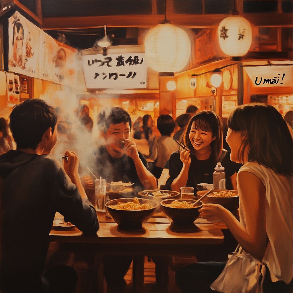People enjoying ramen in a Japanese izakaya with "Umai" expressions.