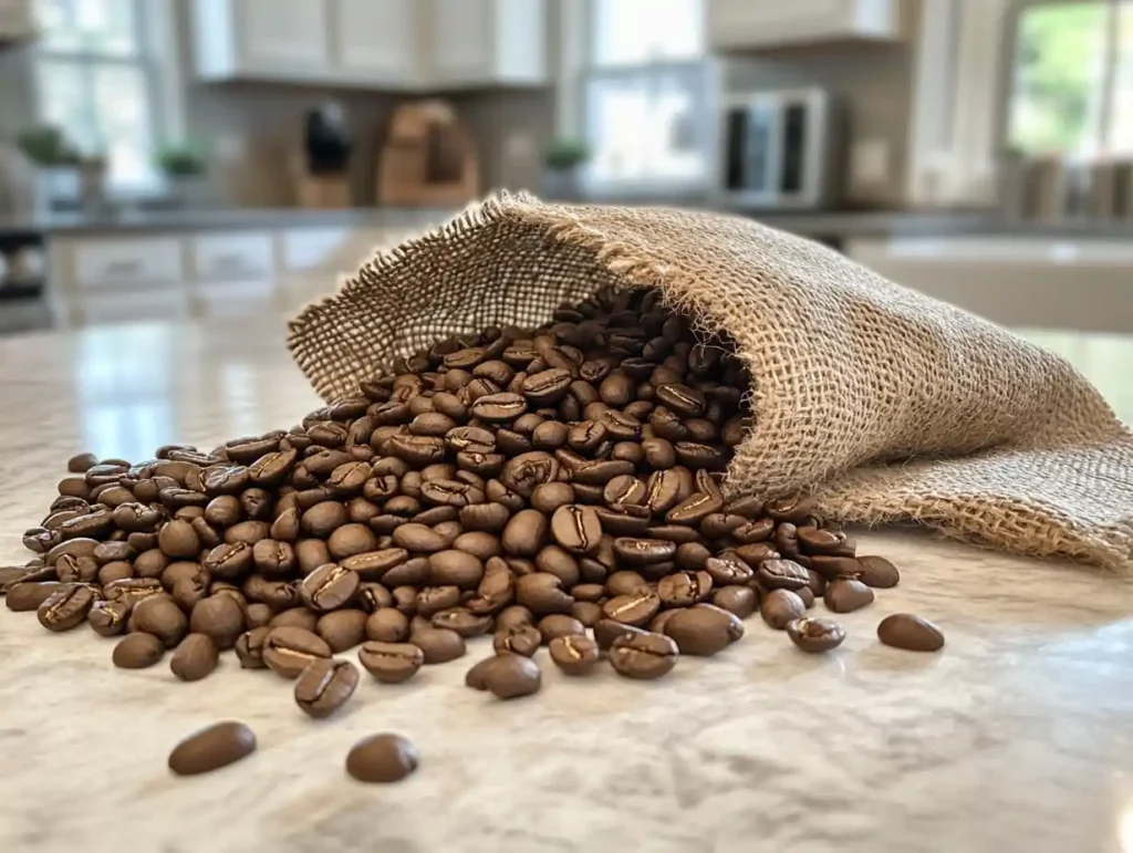 Fresh whole bean coffee spilling from burlap sack.