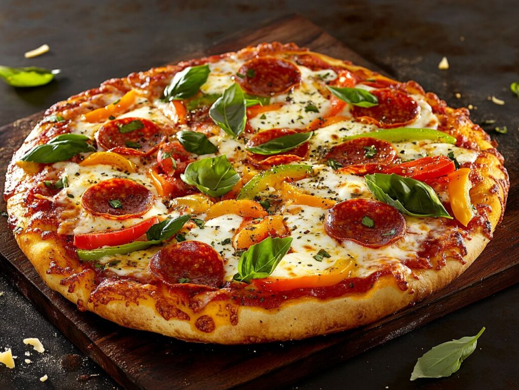Freshly baked medium-sized pizza with mozzarella, pepperoni, basil, and bell peppers.