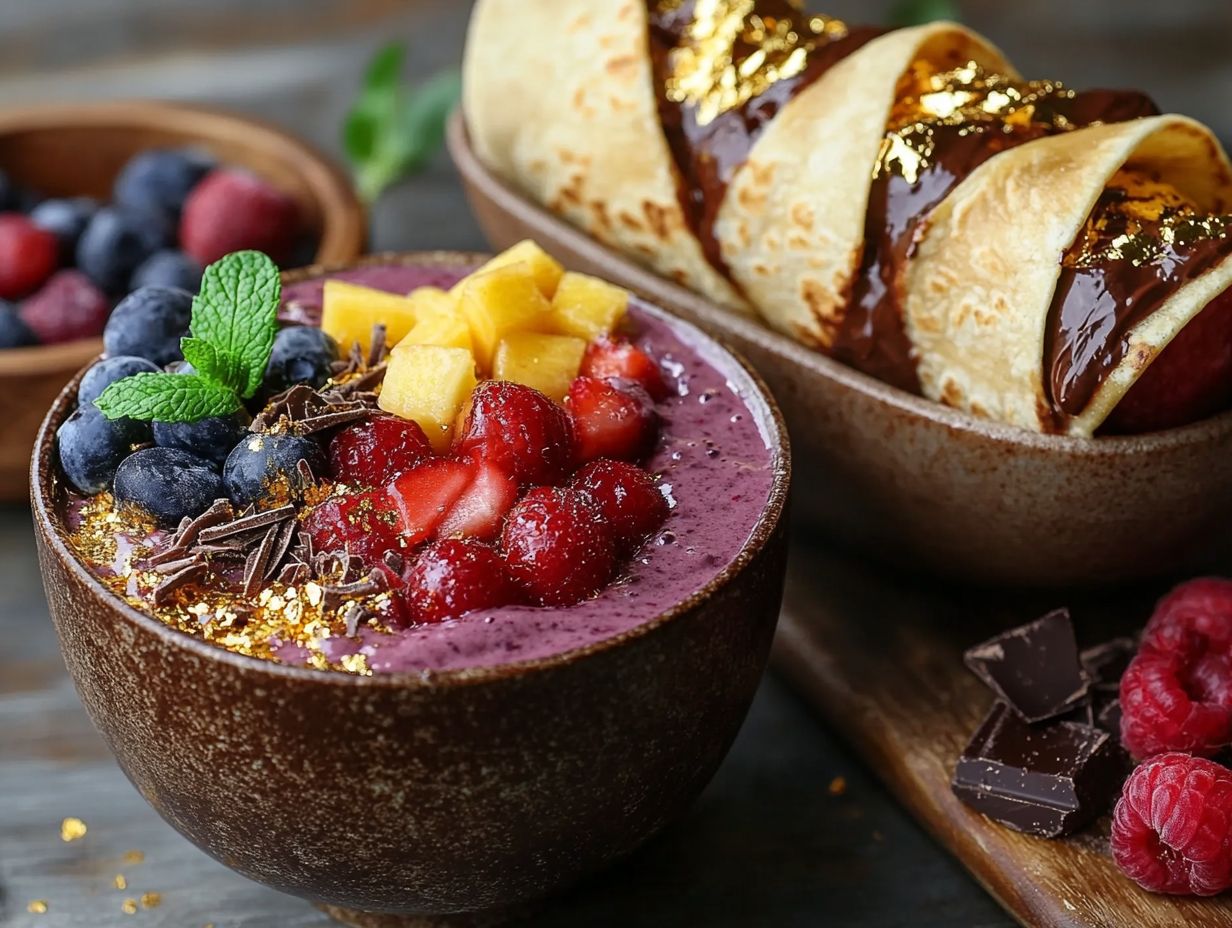 A visually stunning spread of trending recipes, including a smoothie bowl, tortilla wrap, and desserts on a rustic table.