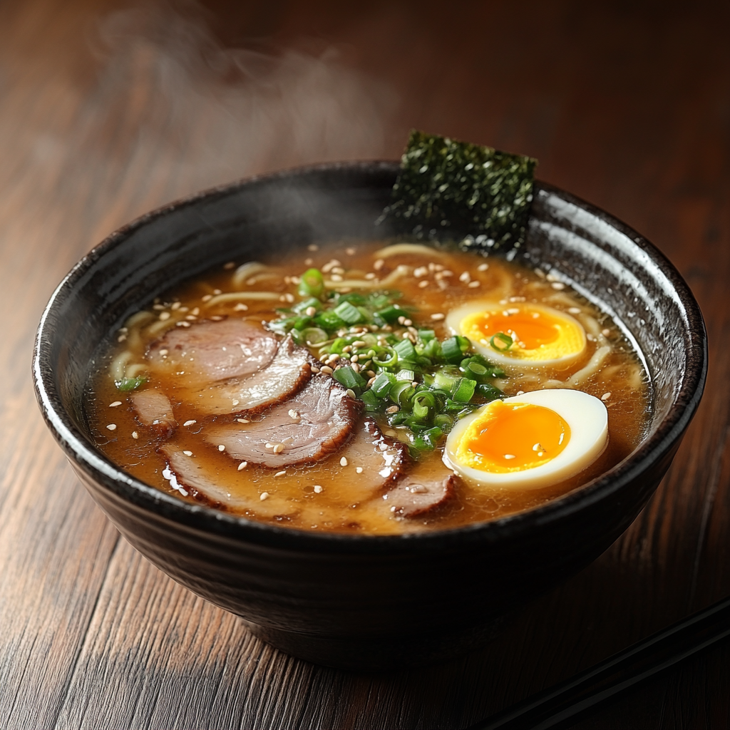 Authentic Japanese ramen with rich broth, pork, egg, and green onions.