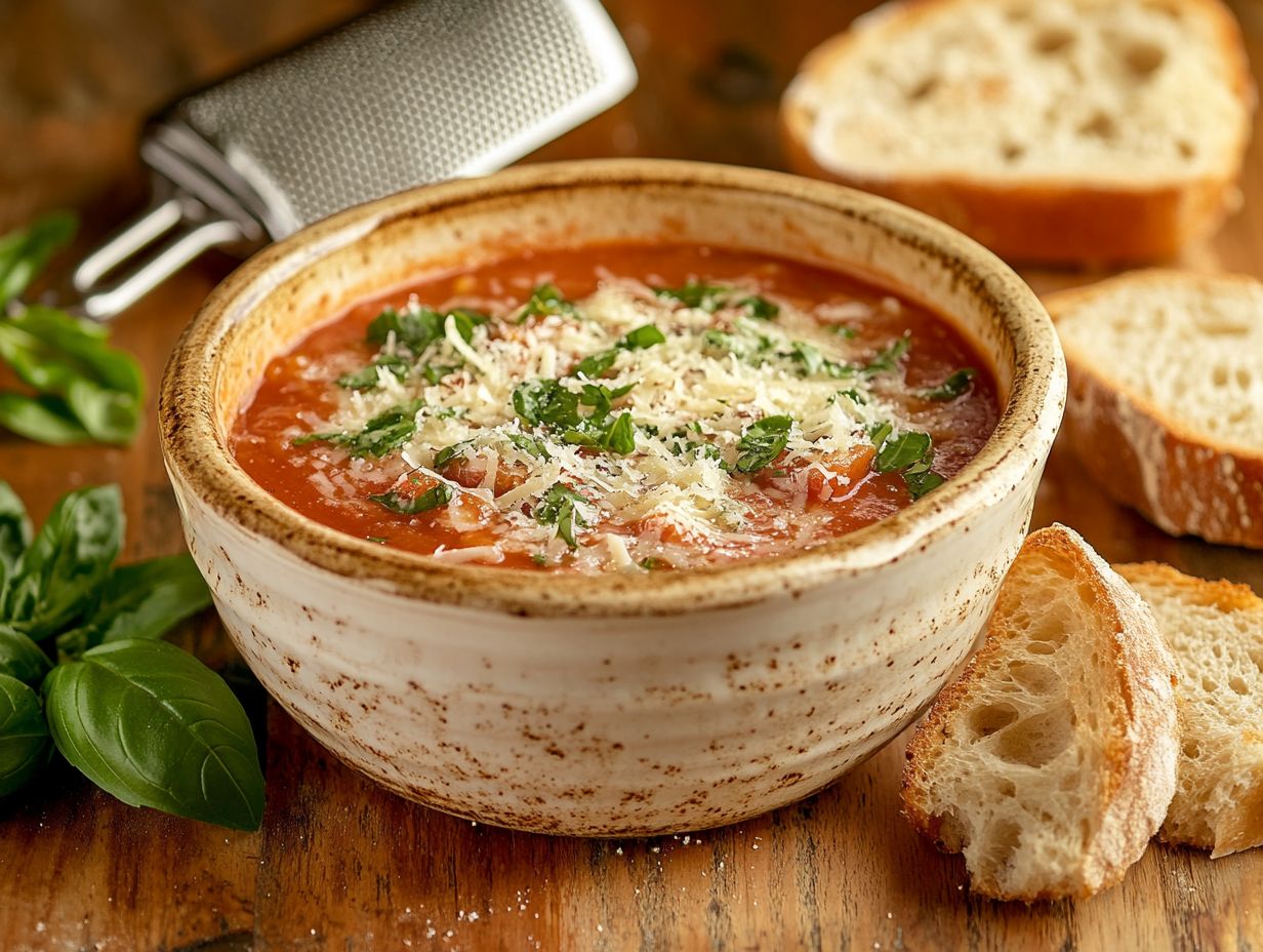 Steaming bowl of soup with Parmesan cheese sprinkled on top