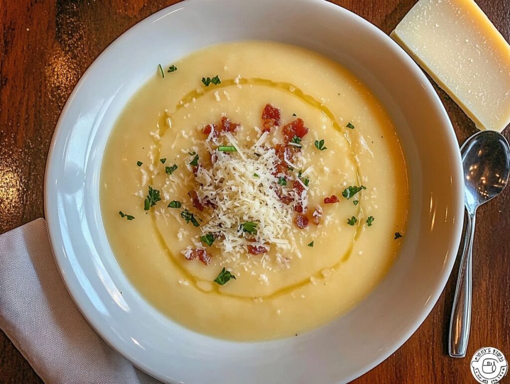 Creamy potato soup with Parmesan shavings.