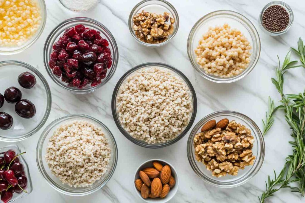 Close-up view of the bulgur cherry walnut salad