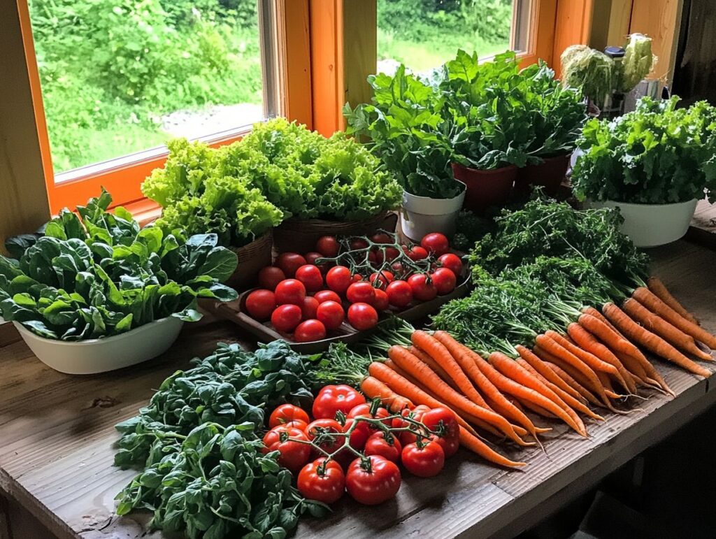 A selection of fresh local produce including tomatoes, leafy greens, and carrots on a rustic counter.