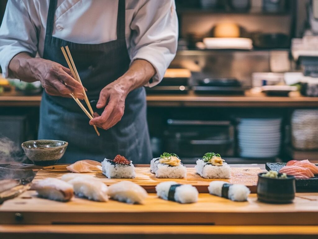 Japanese meal with sushi, sashimi, tempura, miso soup, and green tea on a wooden table.