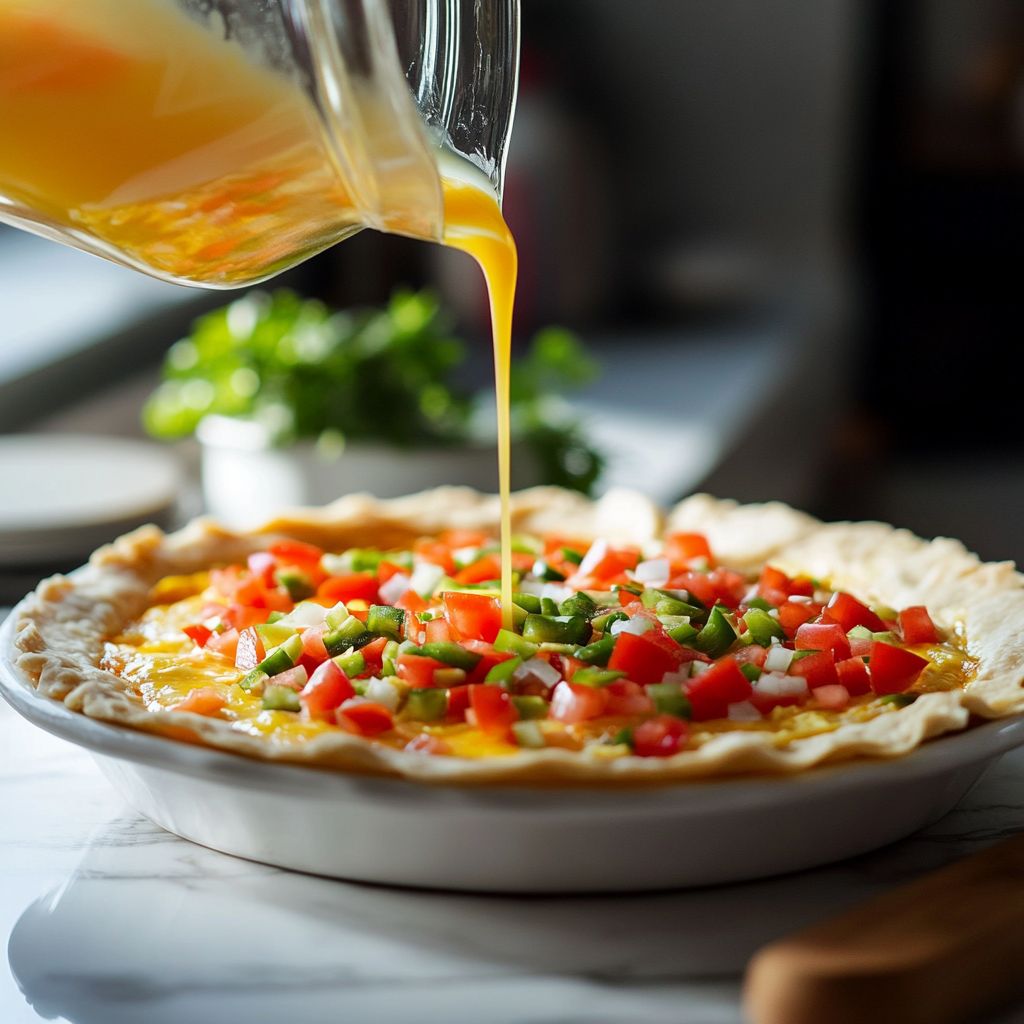 Pouring egg mixture into tortilla quiche