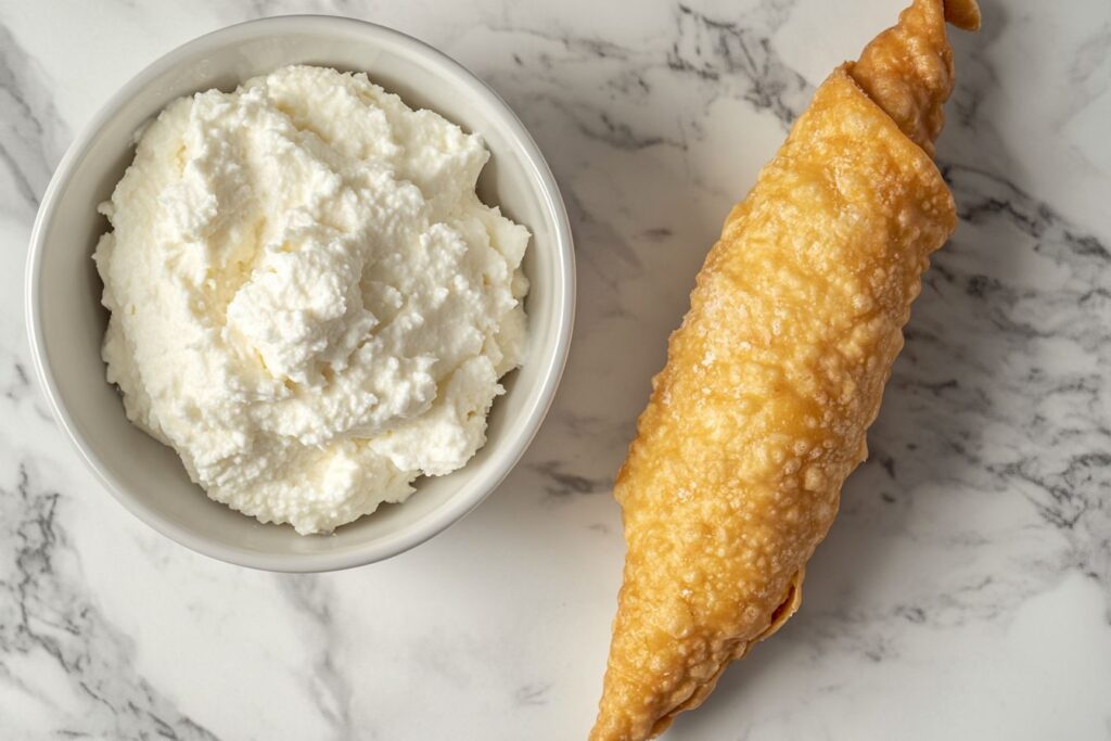 A filled cannoli next to a bowl of ricotta cheese.