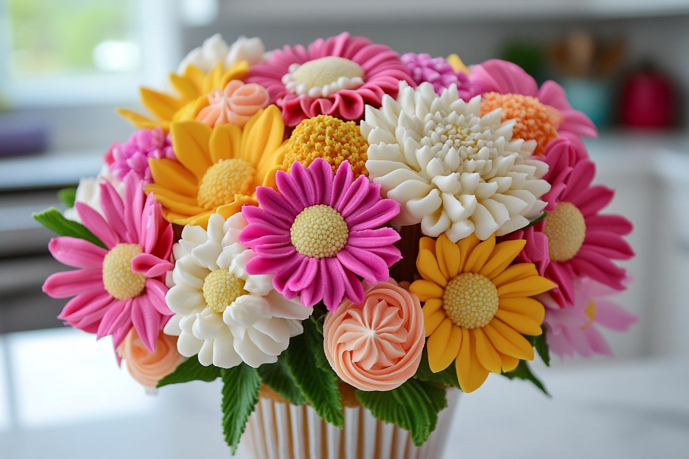 Cupcake bouquet featuring standard-size cupcake cups on a white kitchen marble background.