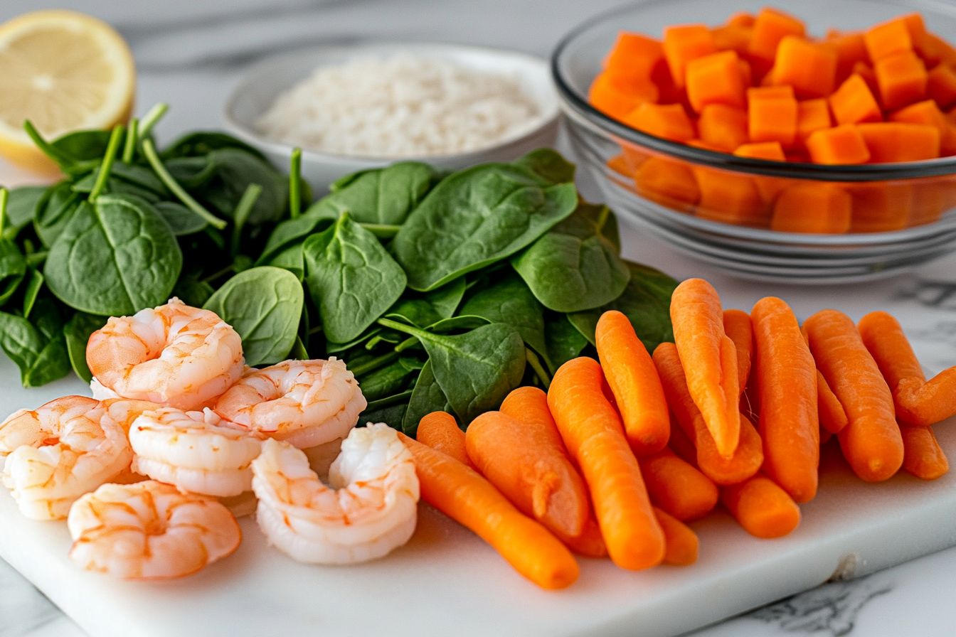 Ingredients for homemade fish food recipe on white marble.