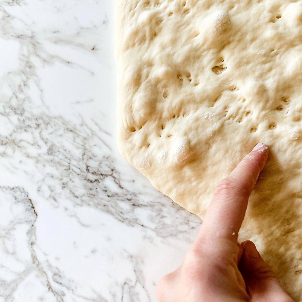 Dimpling focaccia dough to create pockets for olive oil.