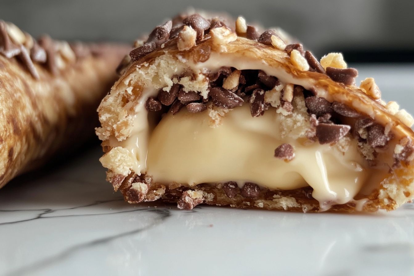 A close-up of a delicious cannoli with visible creamy filling.