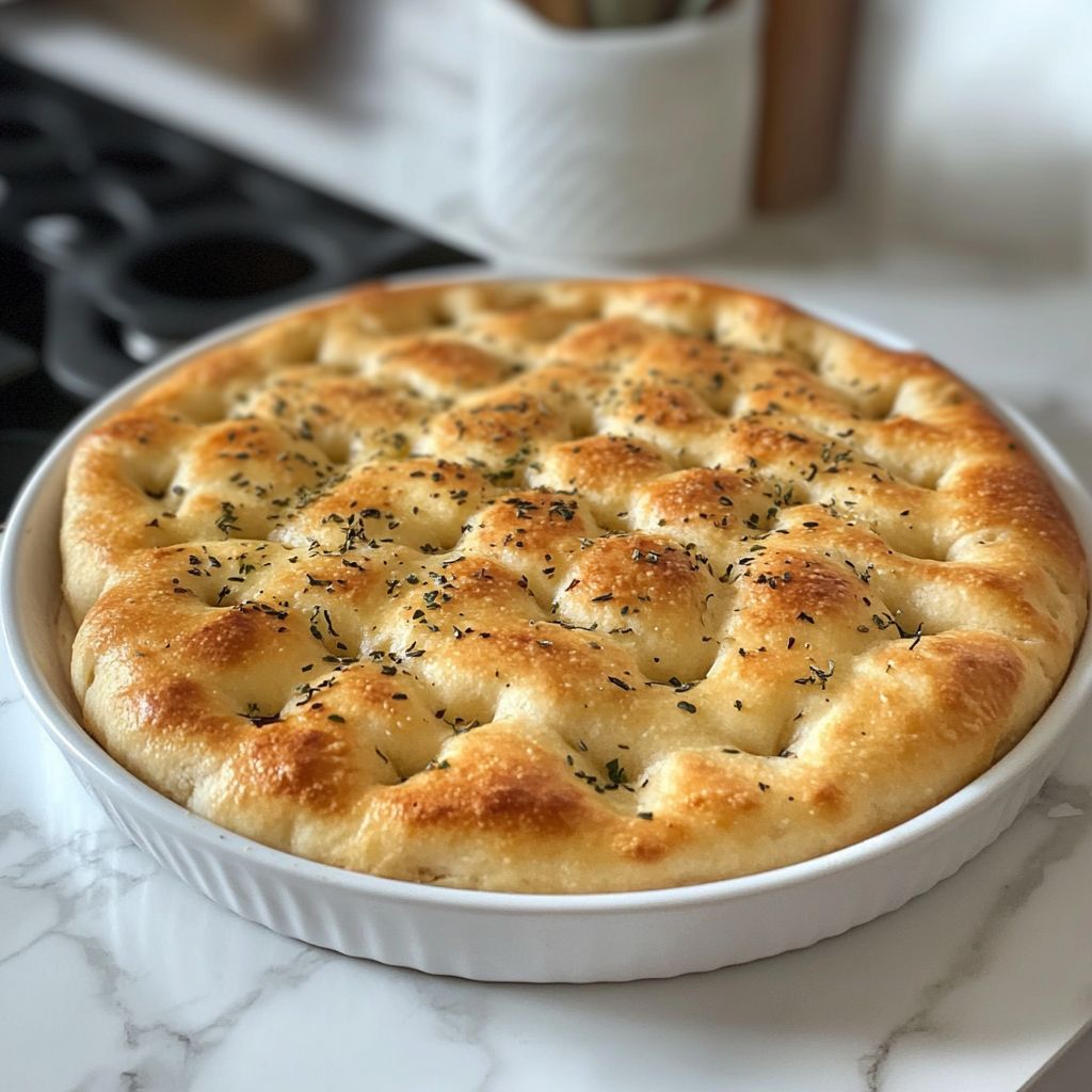 Freshly baked homemade focaccia bread on a marble kitchen countertop.