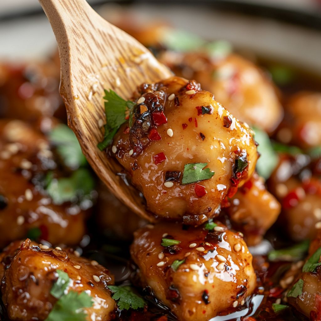 Delicious hot honey chicken with sesame seeds and green onions