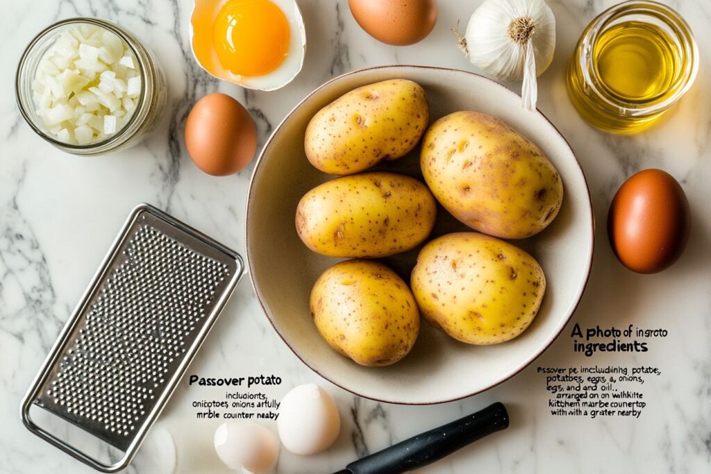 Ingredients for Passover potato pie on white marble.