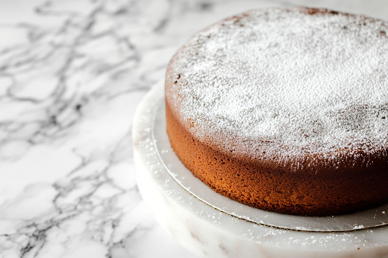 Freshly baked classic cake on white marble counter.