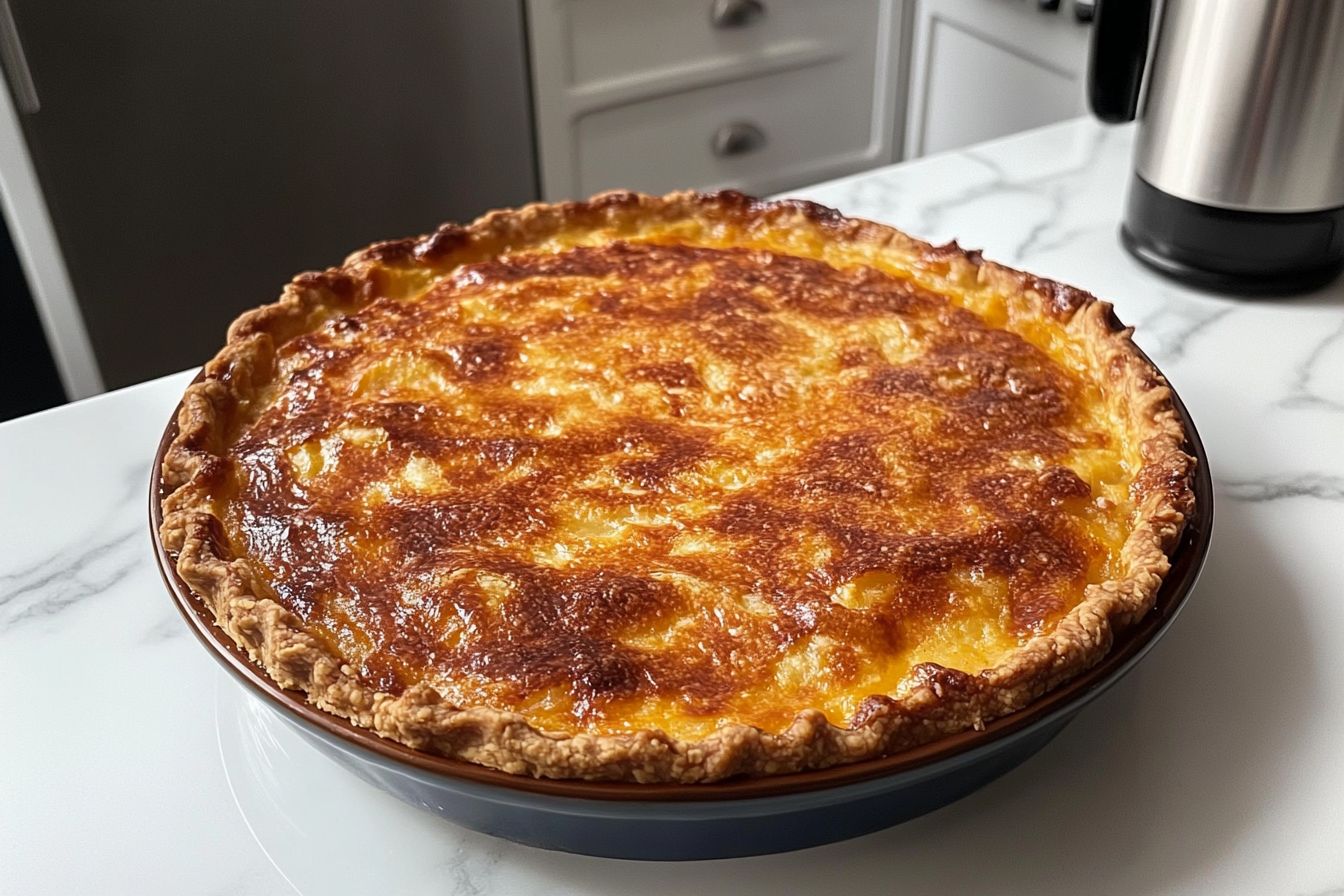 Freshly baked Passover potato pie on white marble counter.