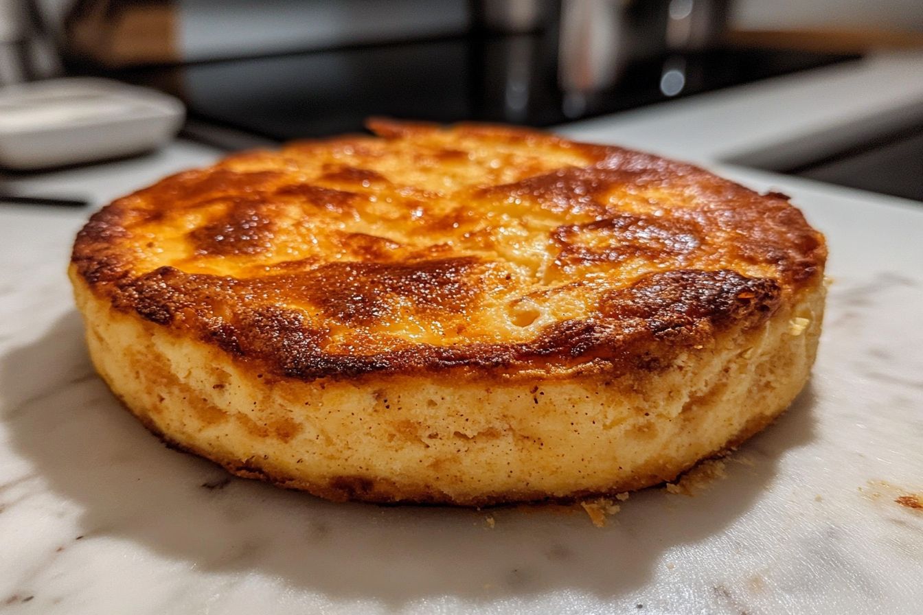 Freshly baked tortilla quiche bake on white marble counter.