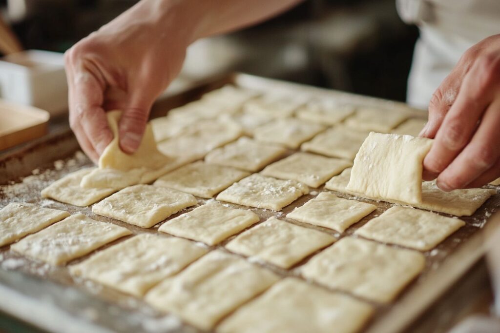 Preparing pizza dough bites on a baking sheet.