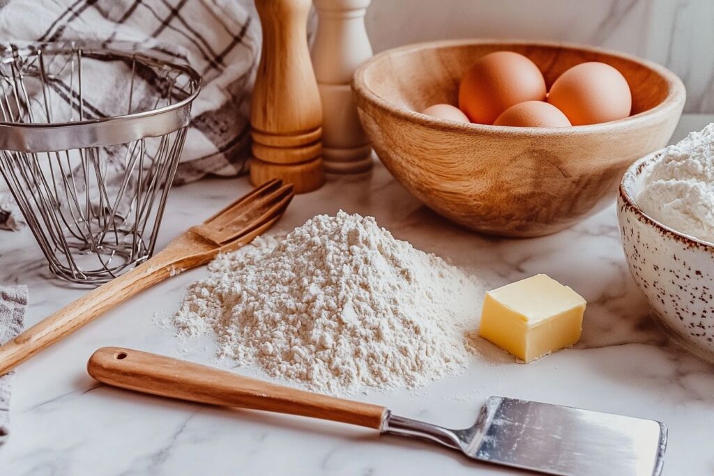 Ingredients for basic cake recipe on white marble.