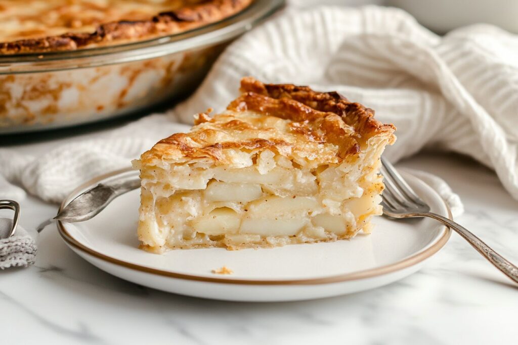 Slice of Passover potato pie on white marble.