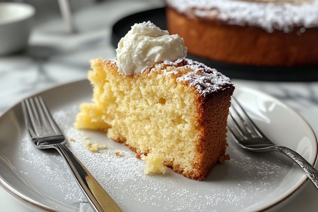 Slice of classic cake with frosting on a white marble counter.