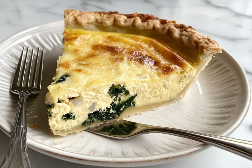 Slice of tortilla quiche bake on white marble counter.