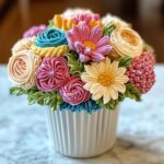 Cupcake flower bouquet recipe on white marble kitchen