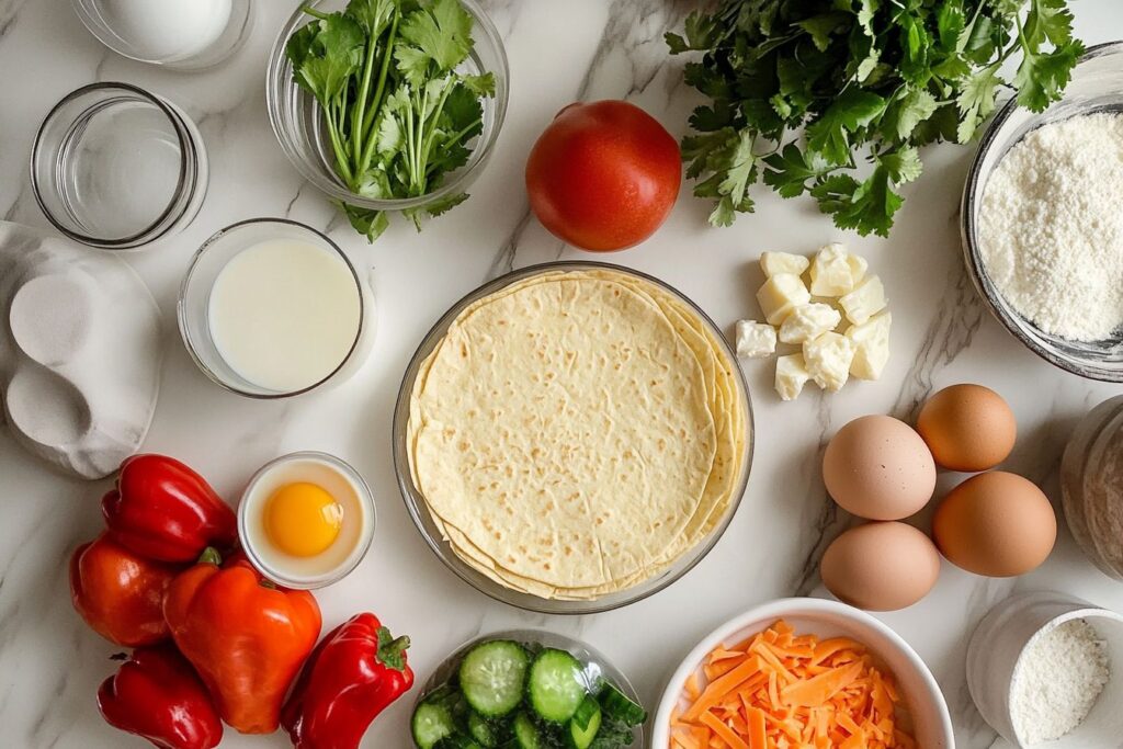 Ingredients for tortilla quiche bake on white marble.