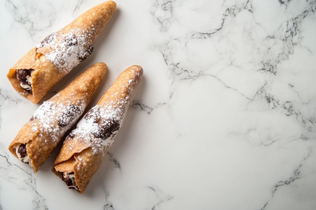 Three golden cannoli pastries lying on a kitchen counter.